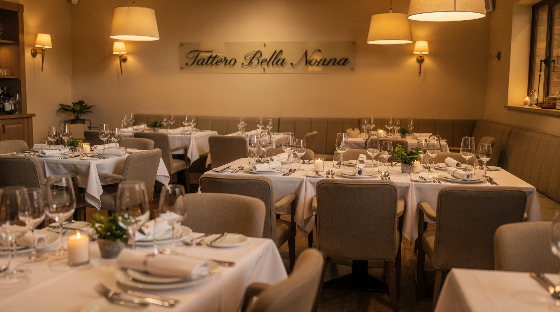 Salão elegante do Tattero Bella Nonna com mesas postas e iluminação aconchegante
