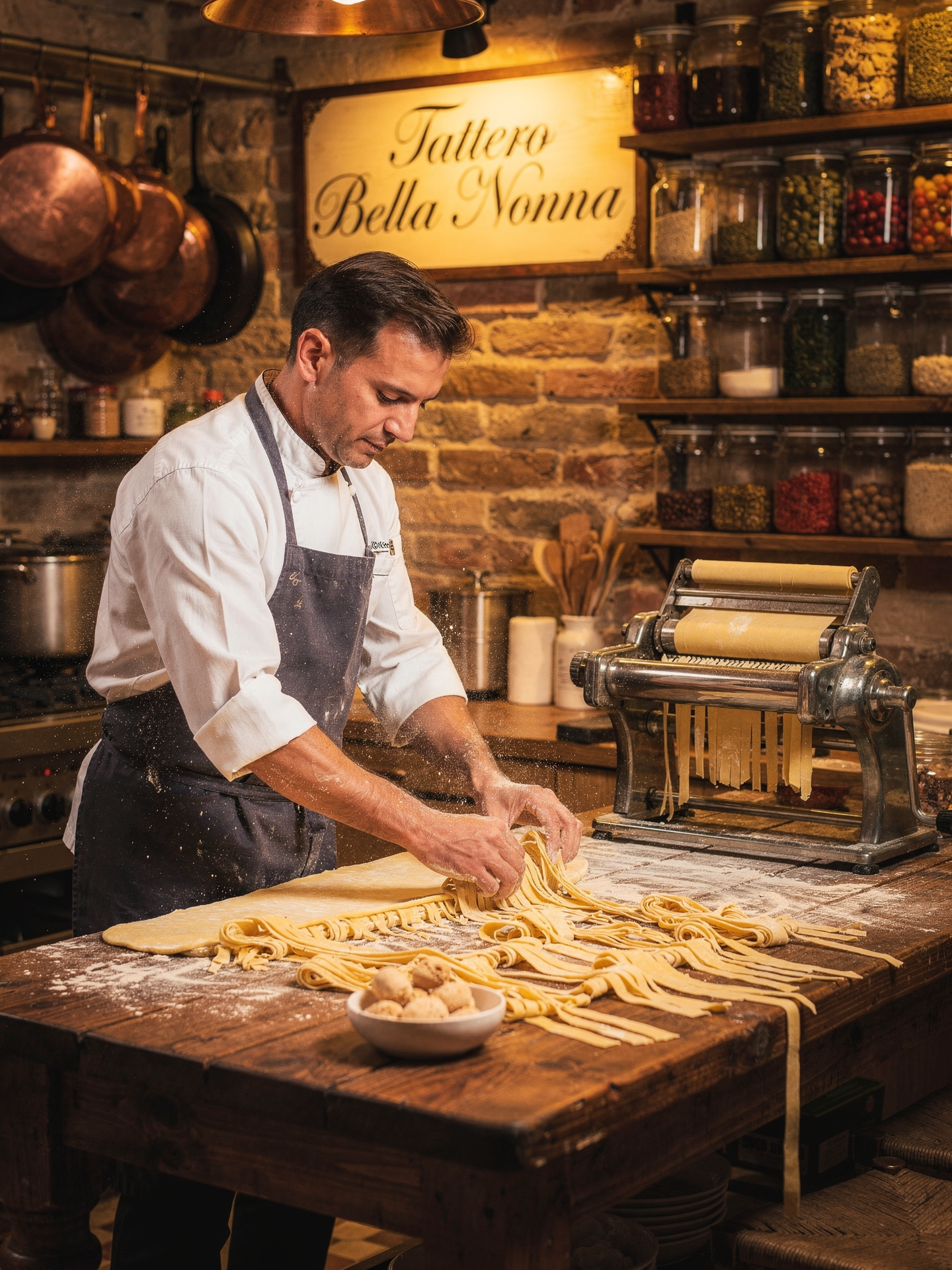 Chef preparando massa caseira artesanal na cozinha do Tattero Bella Nonna