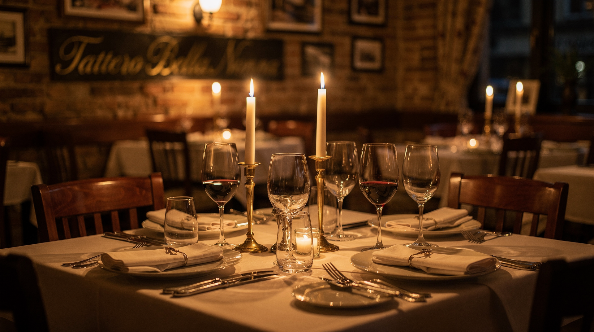 Mesa posta com velas e taças de vinho no Tattero Bella Nonna