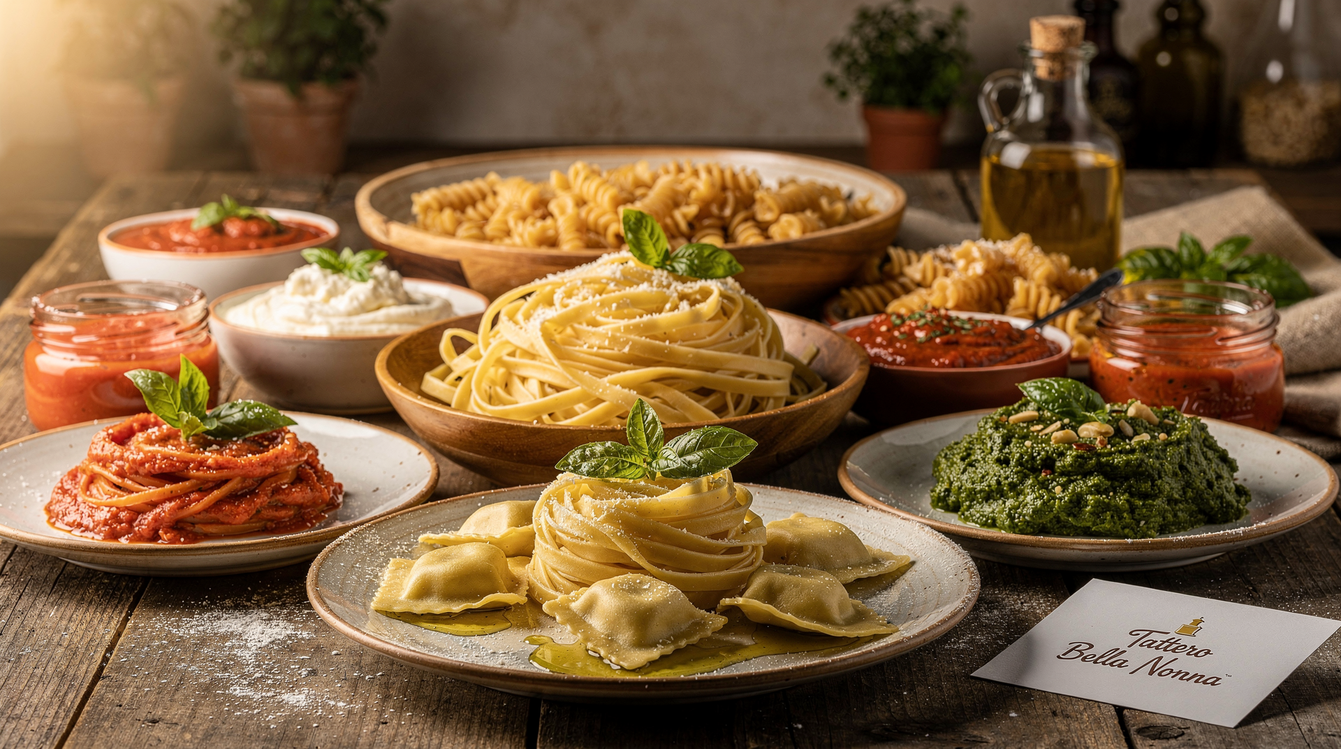 Mesa posta com massas frescas artesanais e molhos caseiros do Tattero Bella Nonna